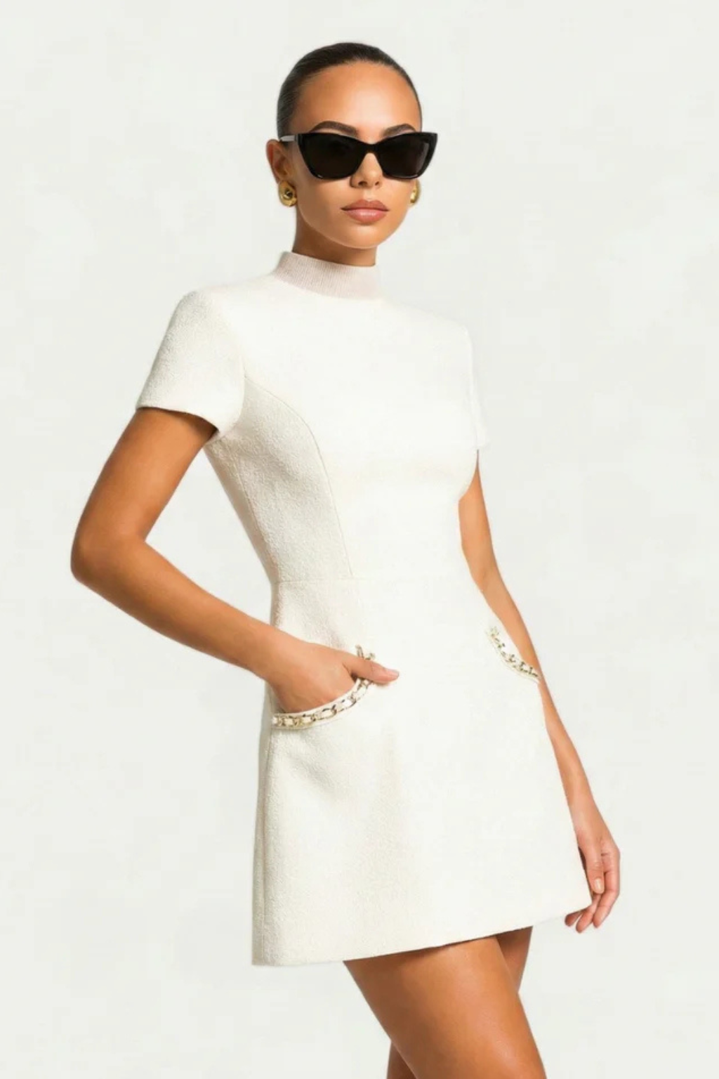 Pearl trim mini dress with pocket detail for women | Bronwen -5
