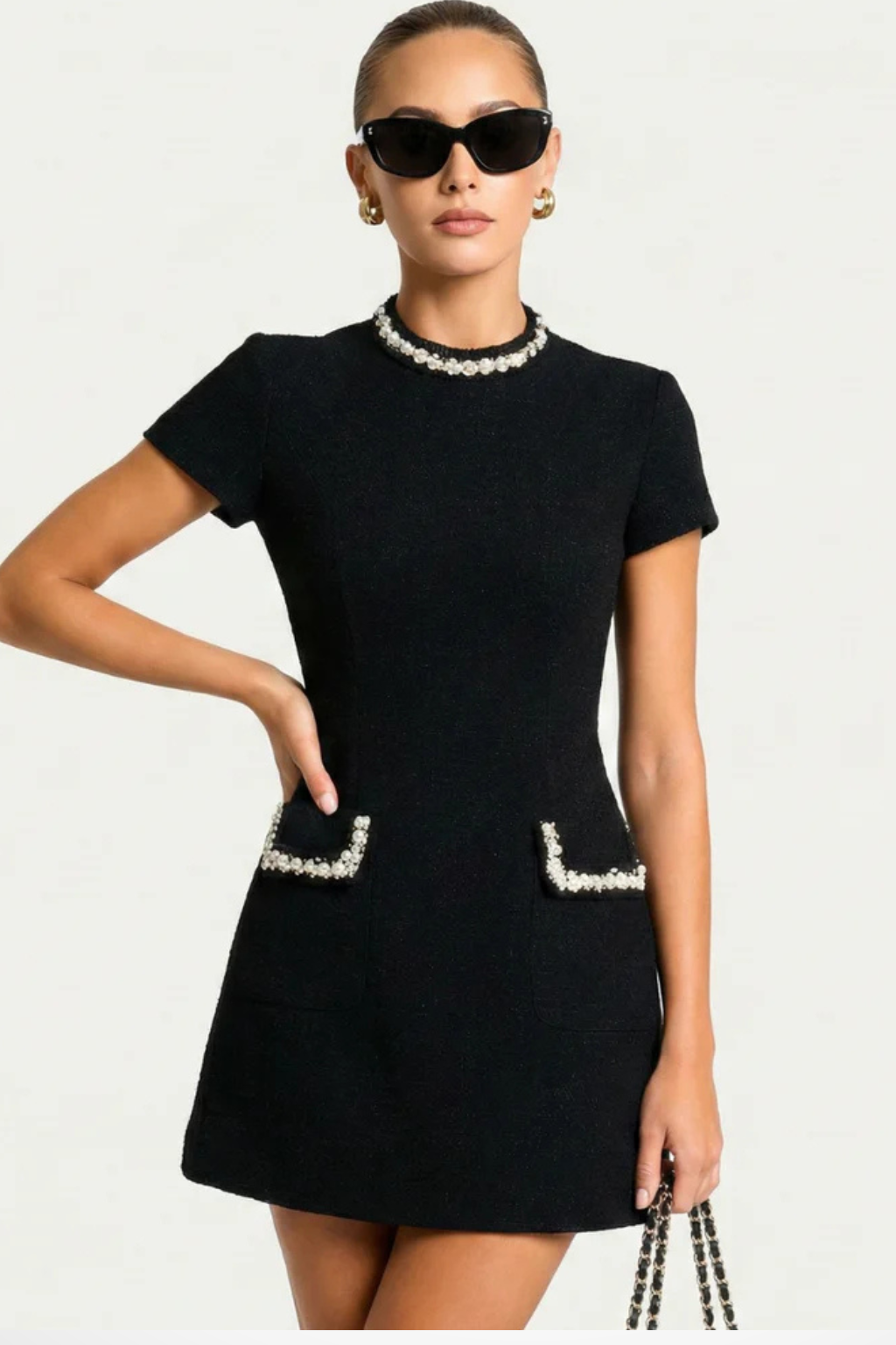 Pearl trim mini dress with pocket detail for women | Bronwen -4