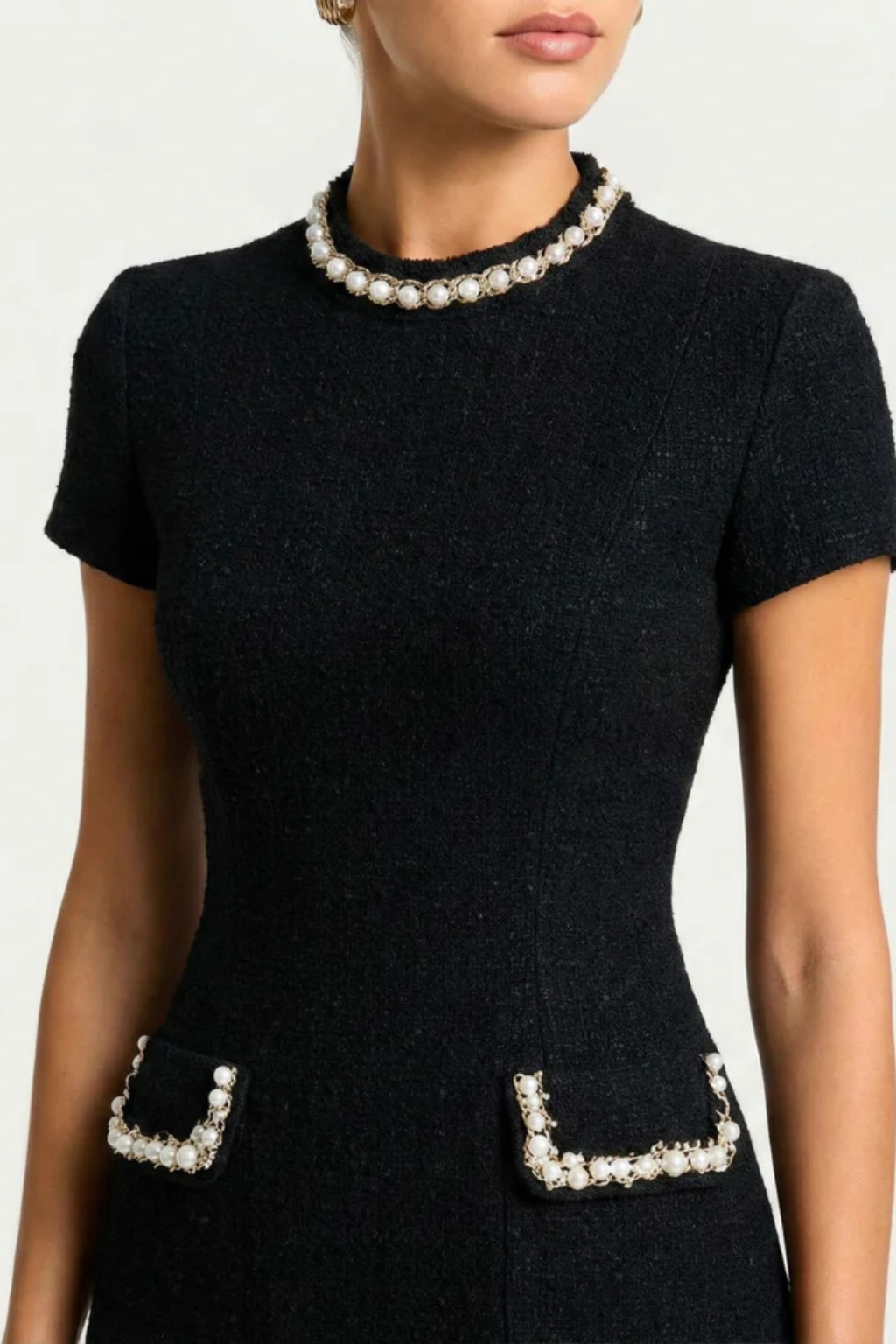 Pearl trim mini dress with pocket detail for women | Bronwen -3