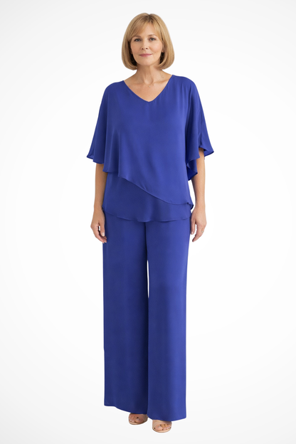 V-neck batwing top wide-leg trousers set for women | Serena -3