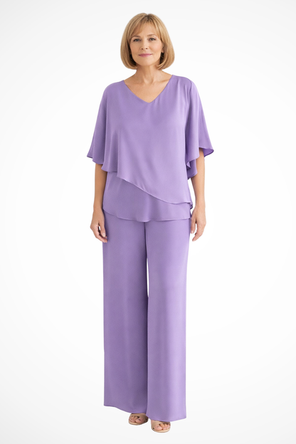 V-neck batwing top wide-leg trousers set for women | Serena -9