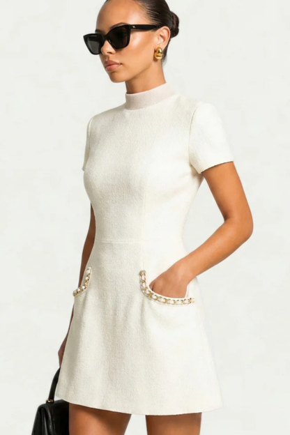 Pearl trim mini dress with pocket detail for women | Bronwen -6