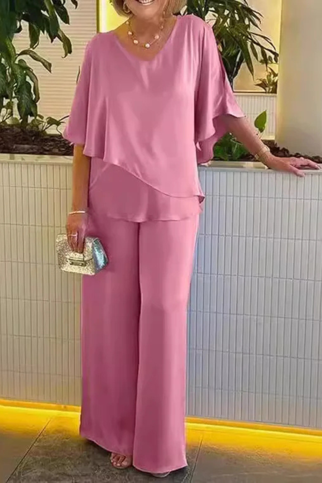 V-neck batwing top wide-leg trousers set for women | Serena -2