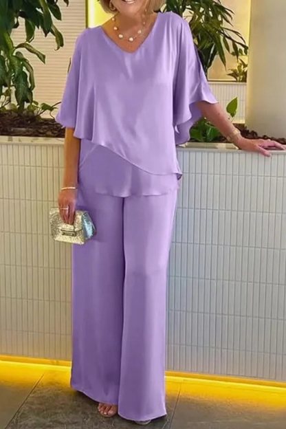 V-neck batwing top wide-leg trousers set for women | Serena -10
