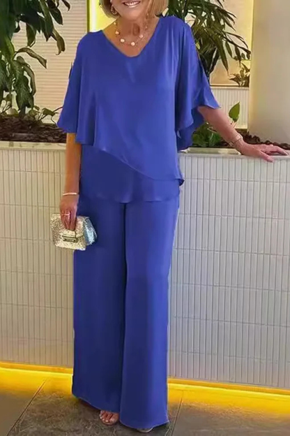 V-neck batwing top wide-leg trousers set for women | Serena -4