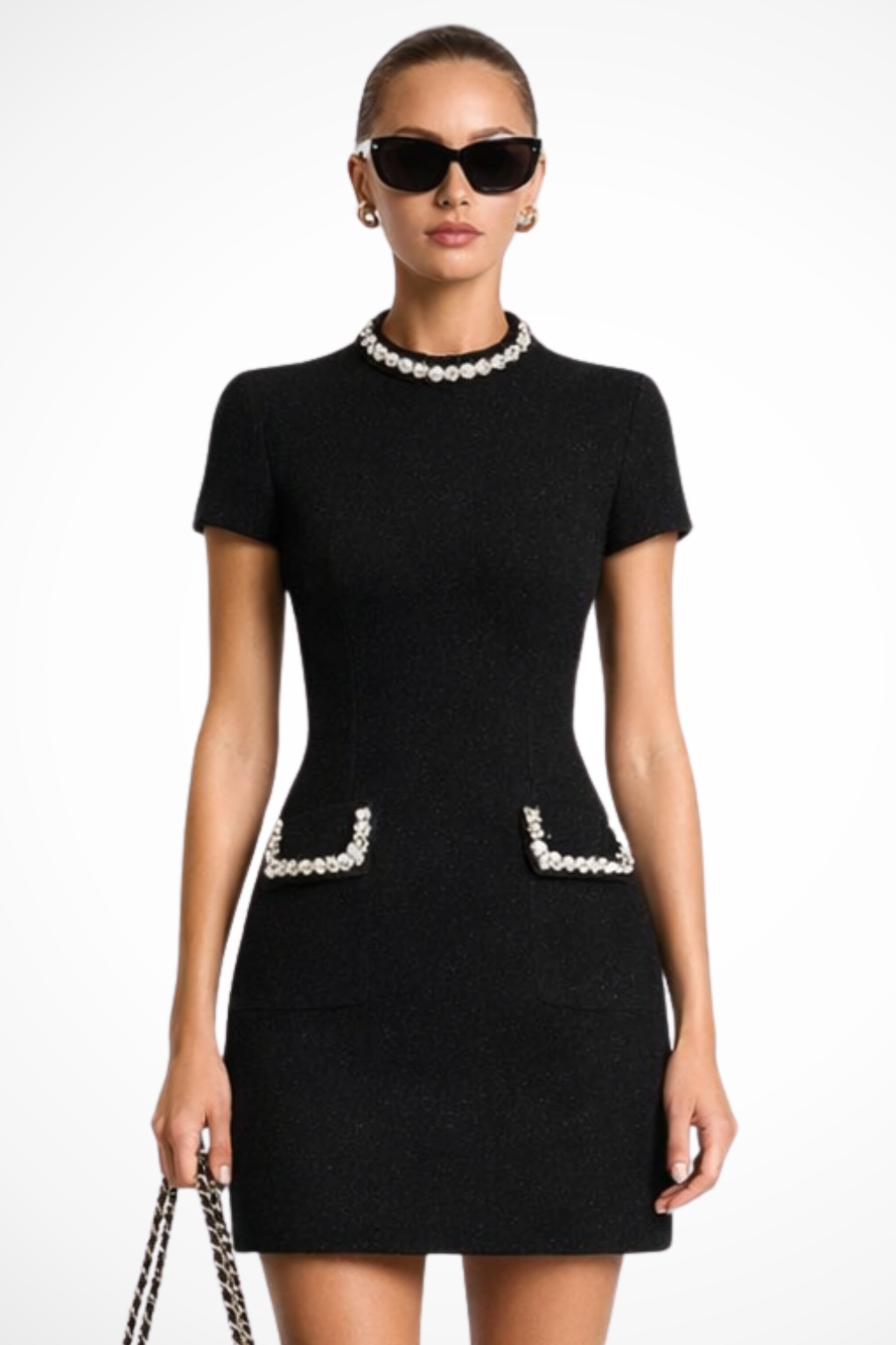 Pearl trim mini dress with pocket detail for women | Bronwen -1