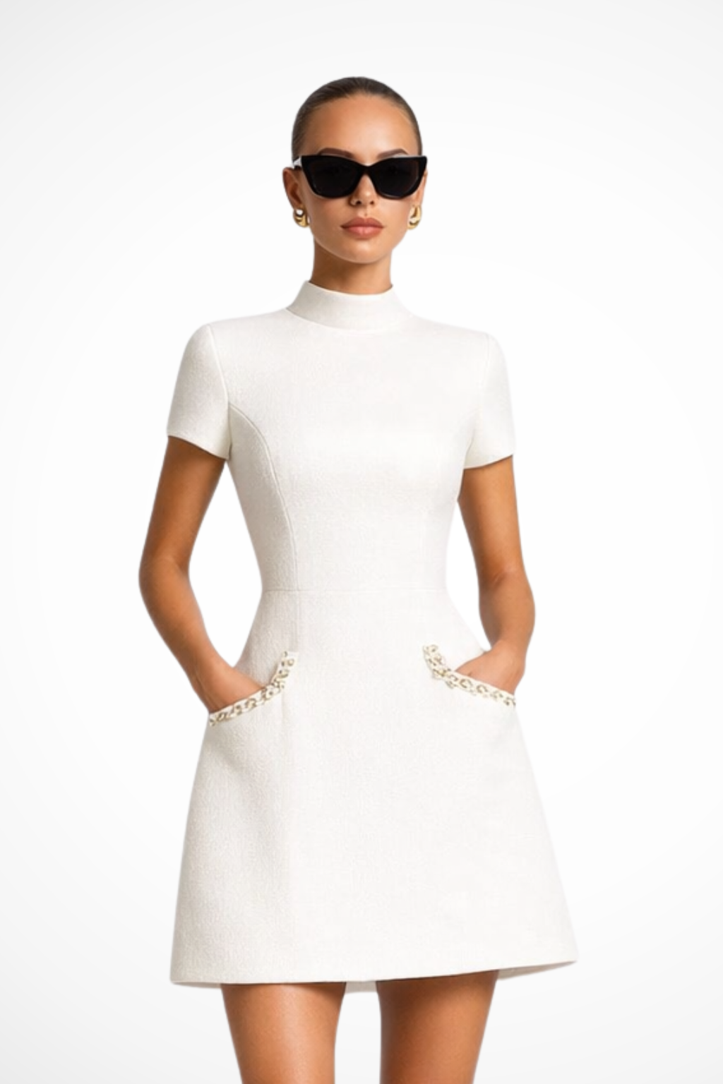 Pearl trim mini dress with pocket detail for women | Bronwen -2