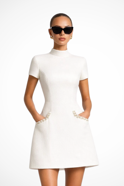 Pearl trim mini dress with pocket detail for women | Bronwen -2