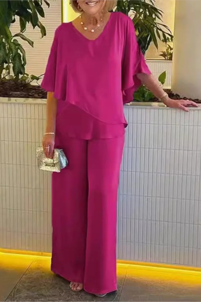 V-neck batwing top wide-leg trousers set for women | Serena -12