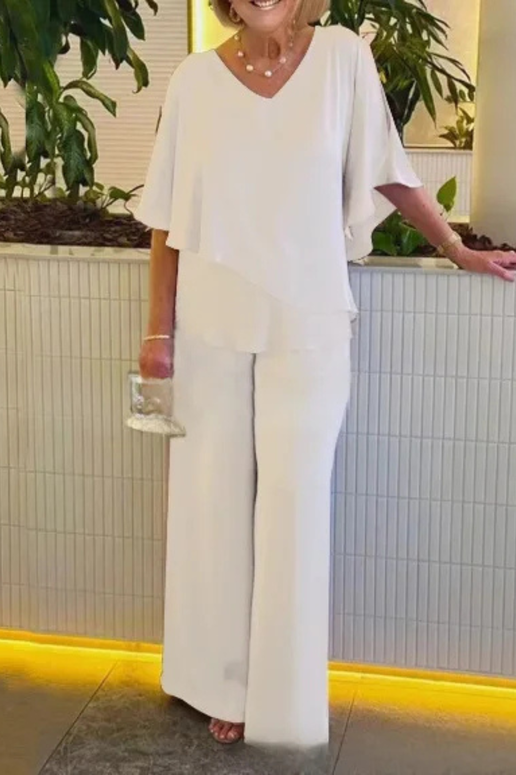 V-neck batwing top wide-leg trousers set for women | Serena -6