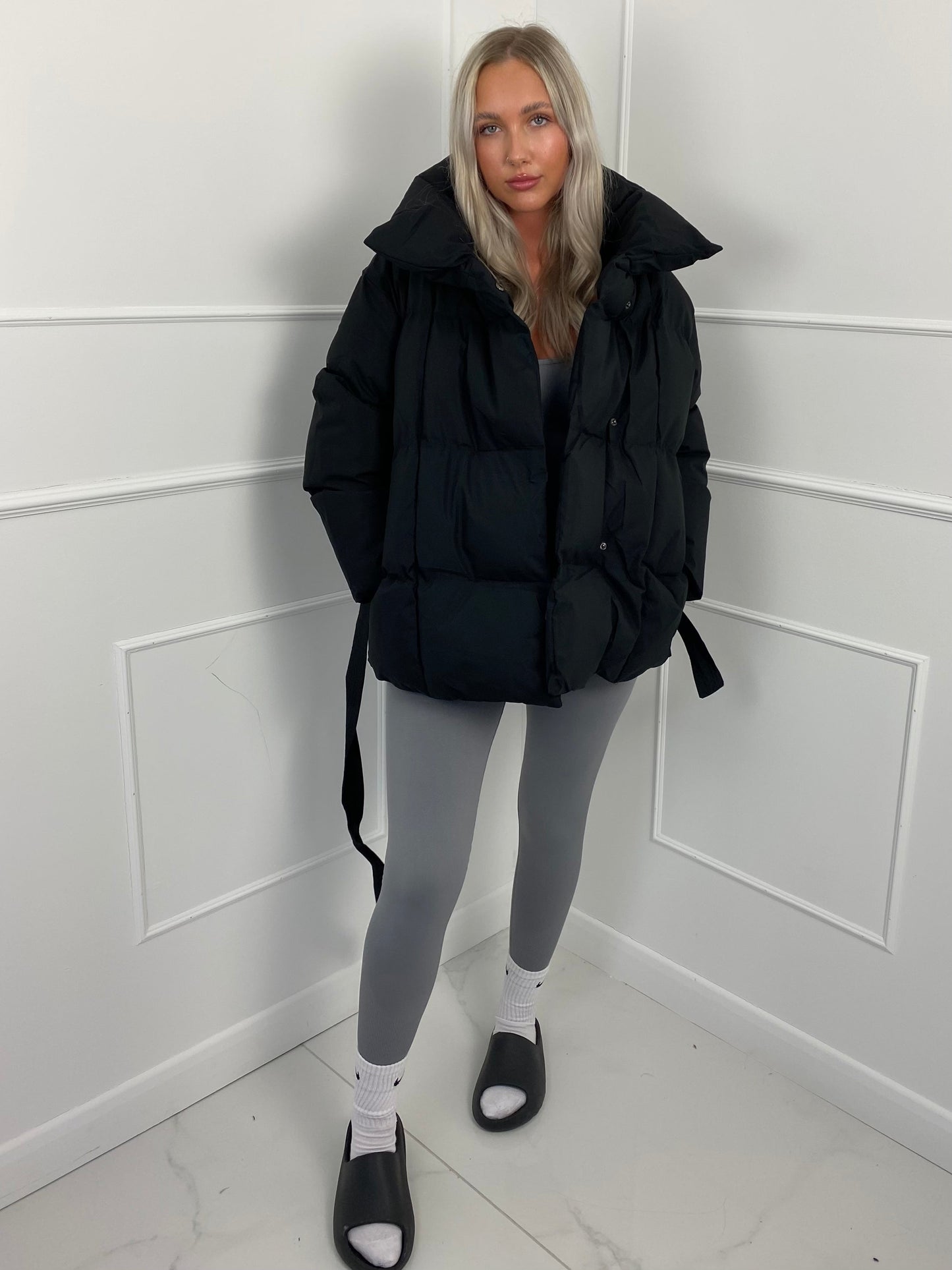 Short belted puffer jacket for women | Karly -16