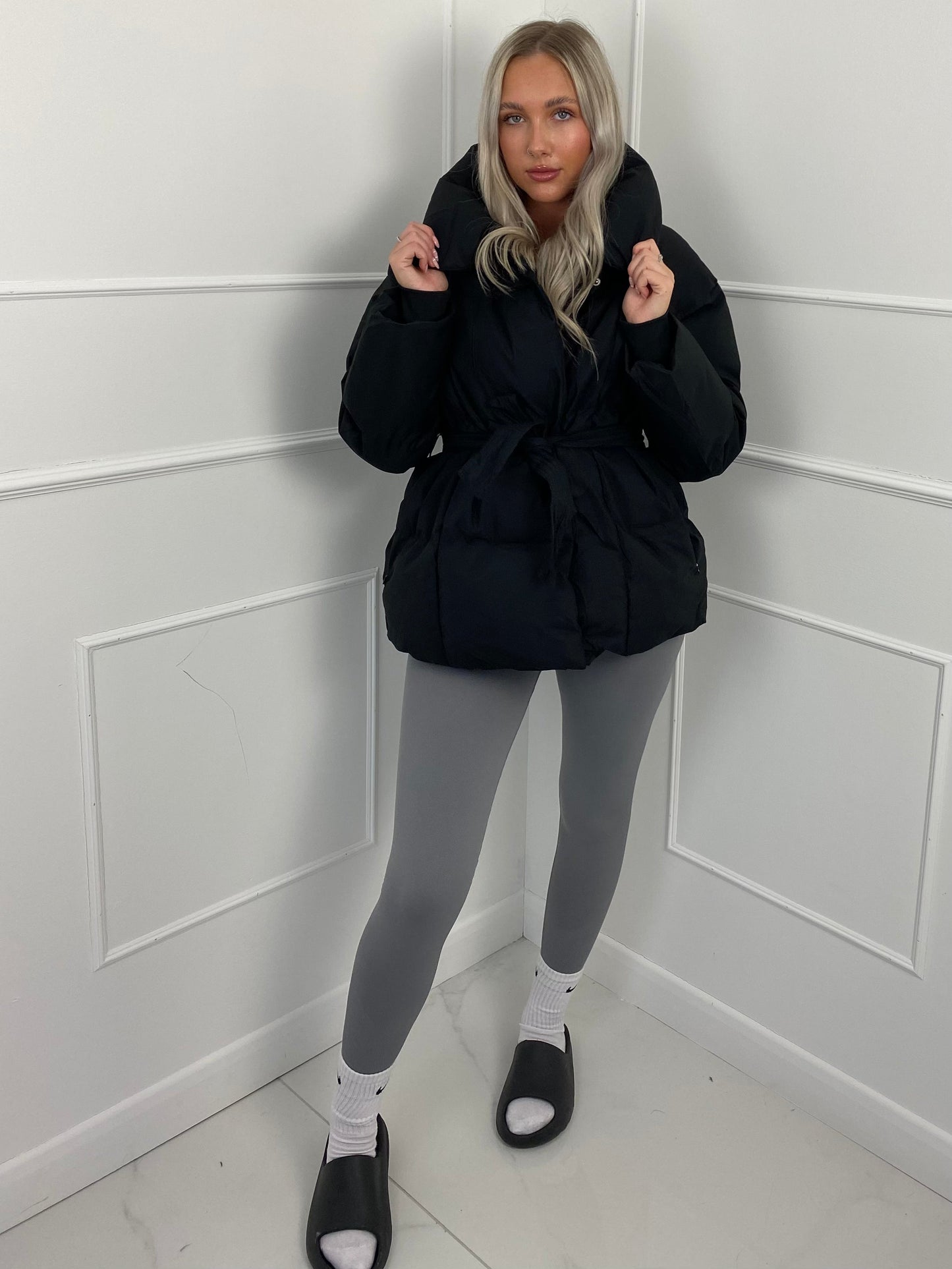 Short belted puffer jacket for women | Karly -14