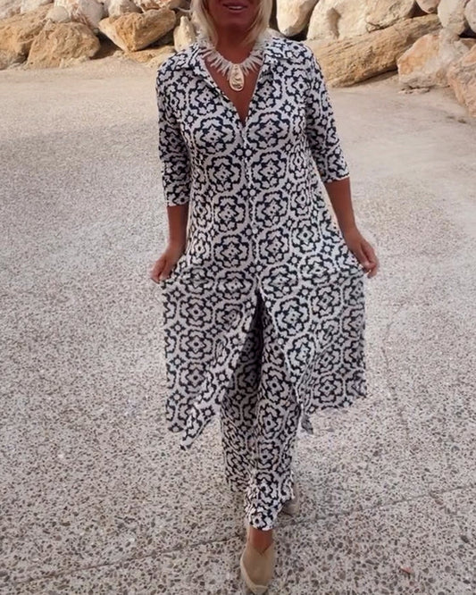 Button-front printed two-piece set for women | Laura -1