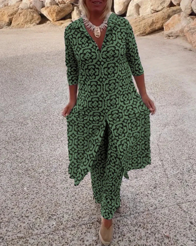 Button-front printed two-piece set for women | Laura -2