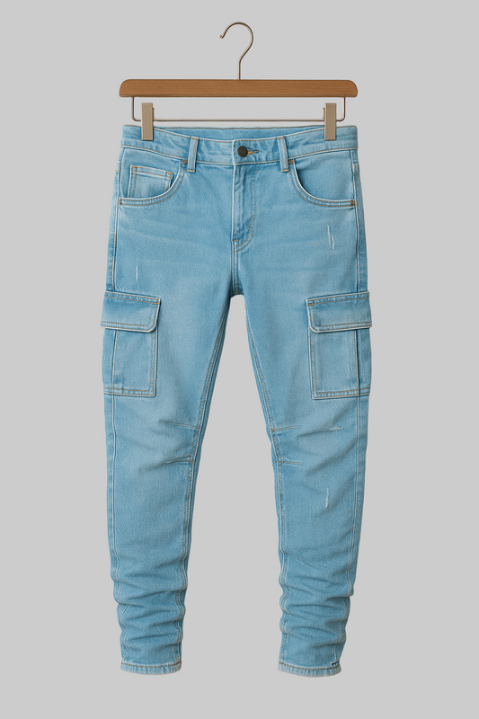 Tapered-leg cargo jeans with stretch fit for men | Riven -1
