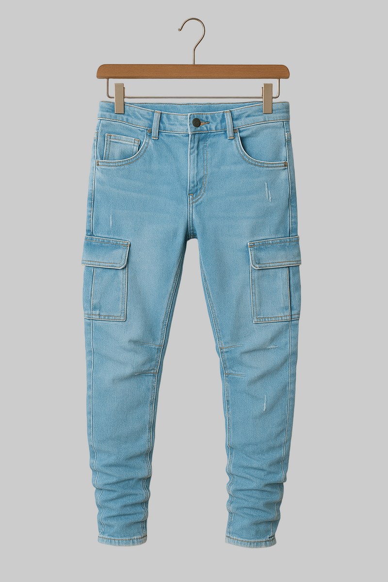 Tapered-leg cargo jeans with stretch fit for men | Riven -1