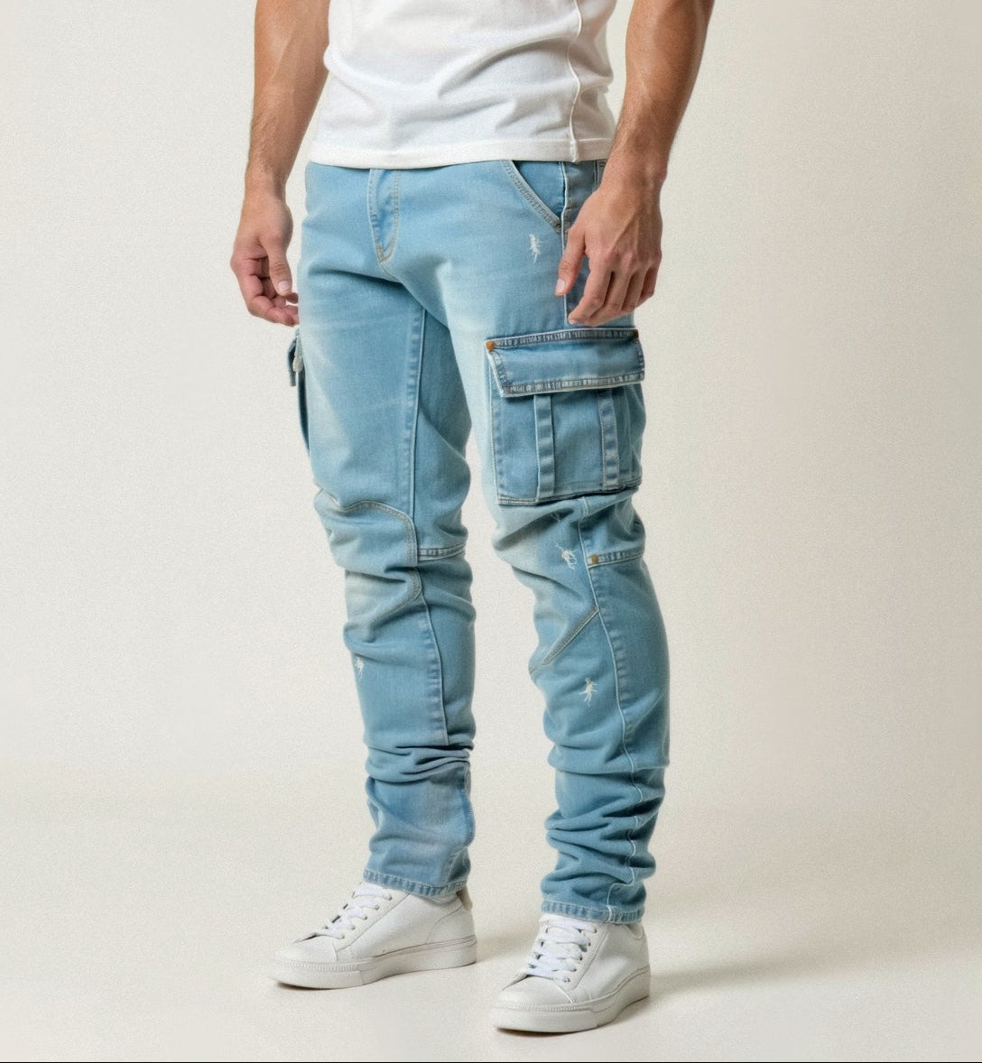 Tapered-leg cargo jeans with stretch fit for men | Riven -2