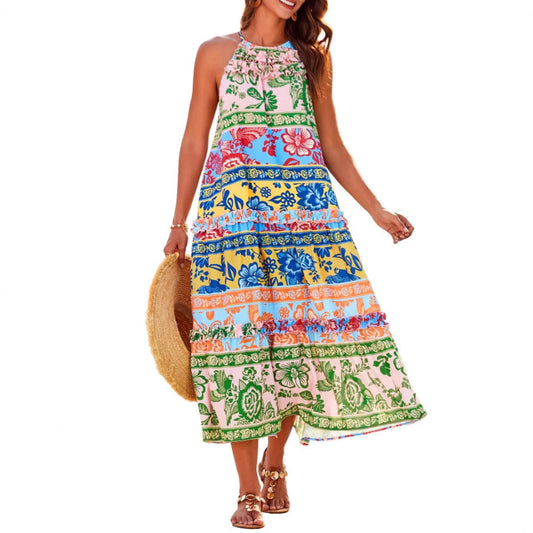 Ornate Boho halter tiered maxi dress for women | Felicity