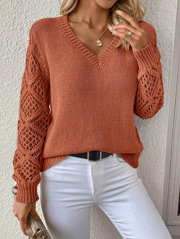 Classic open-knit sleeve V-neck jumper for women | Elora -17