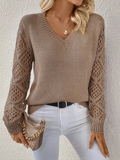 Classic open-knit sleeve V-neck jumper for women | Elora -13