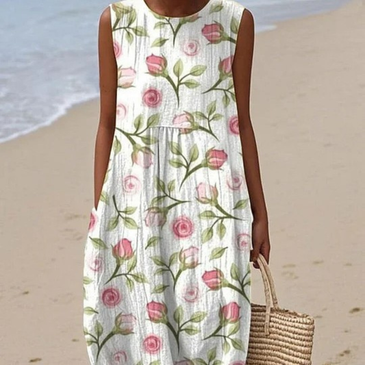 Gathered Floral sleeveless summer dress for women | Maribel