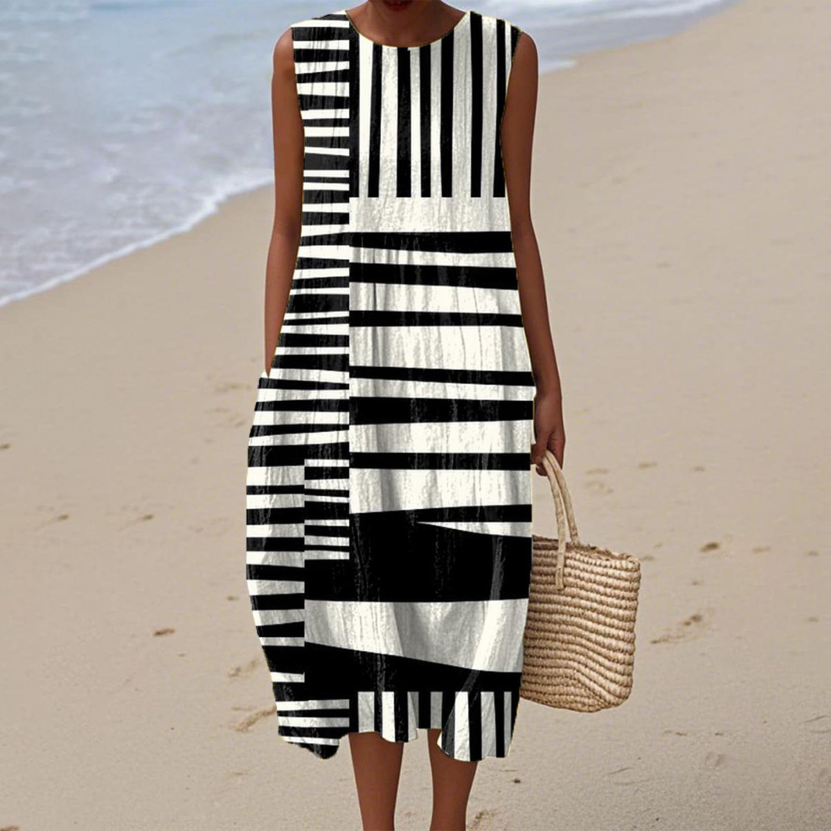 Strapless Abstract striped dress with flowing silhouette for women | Nerida