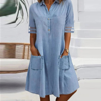 Asymmetric Casual dress with button neckline and front pockets for women | Ruby