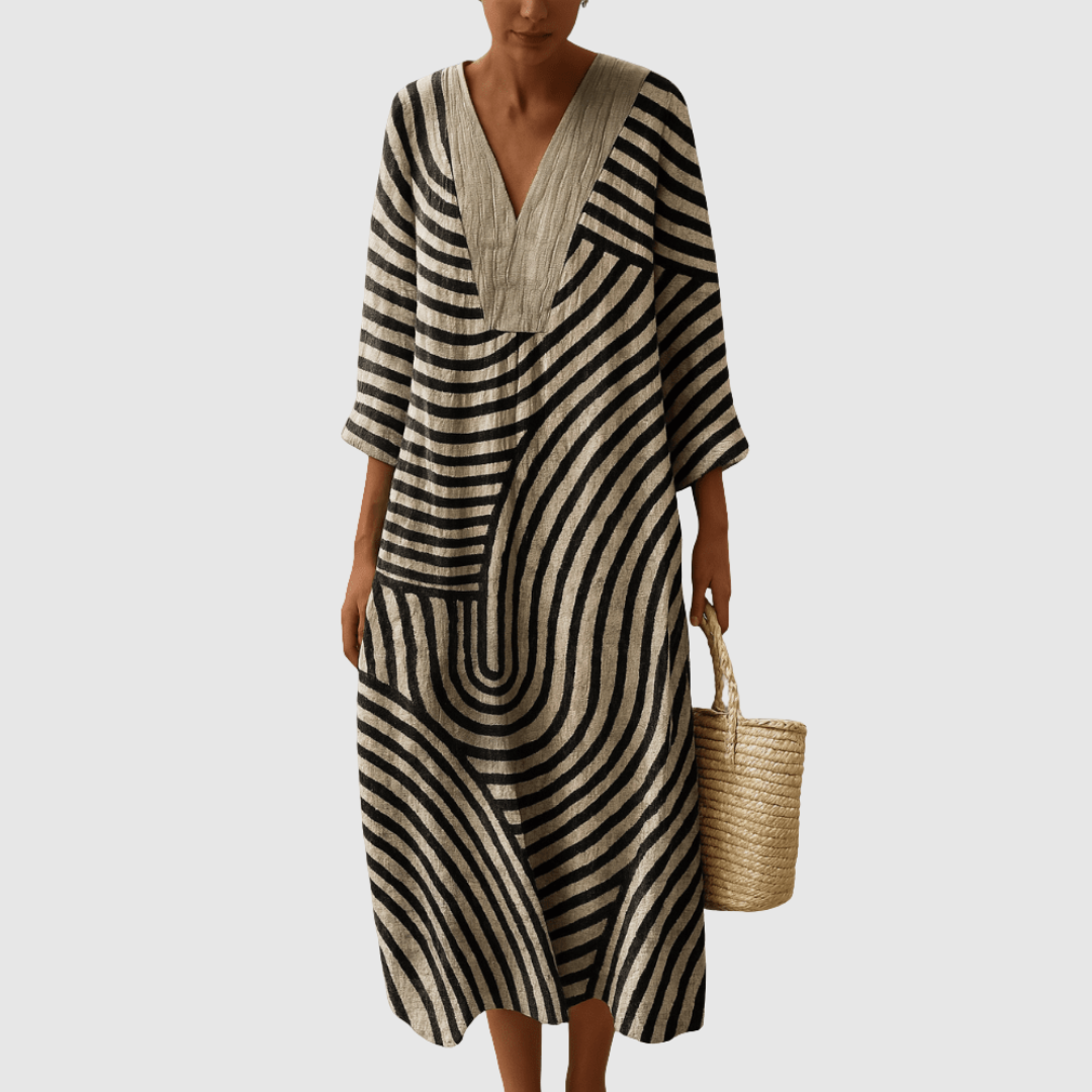 Striped A-line V-neck dress for women | Ava -1