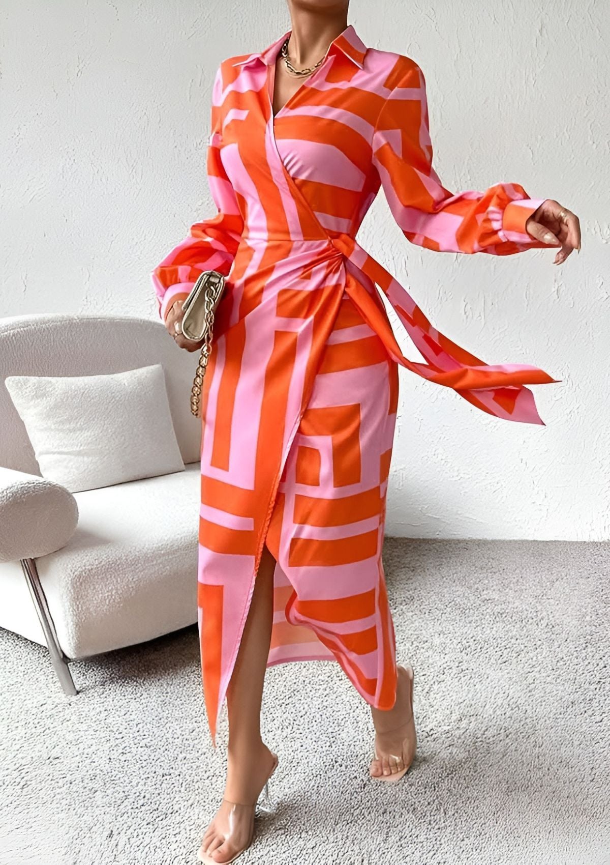 Ruffled Printed waist-cinching shirt dress for women | Olivia