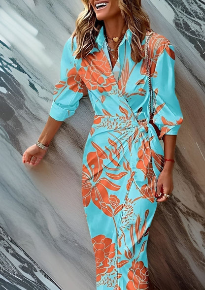 Ruffled Printed waist-cinching shirt dress for women | Olivia