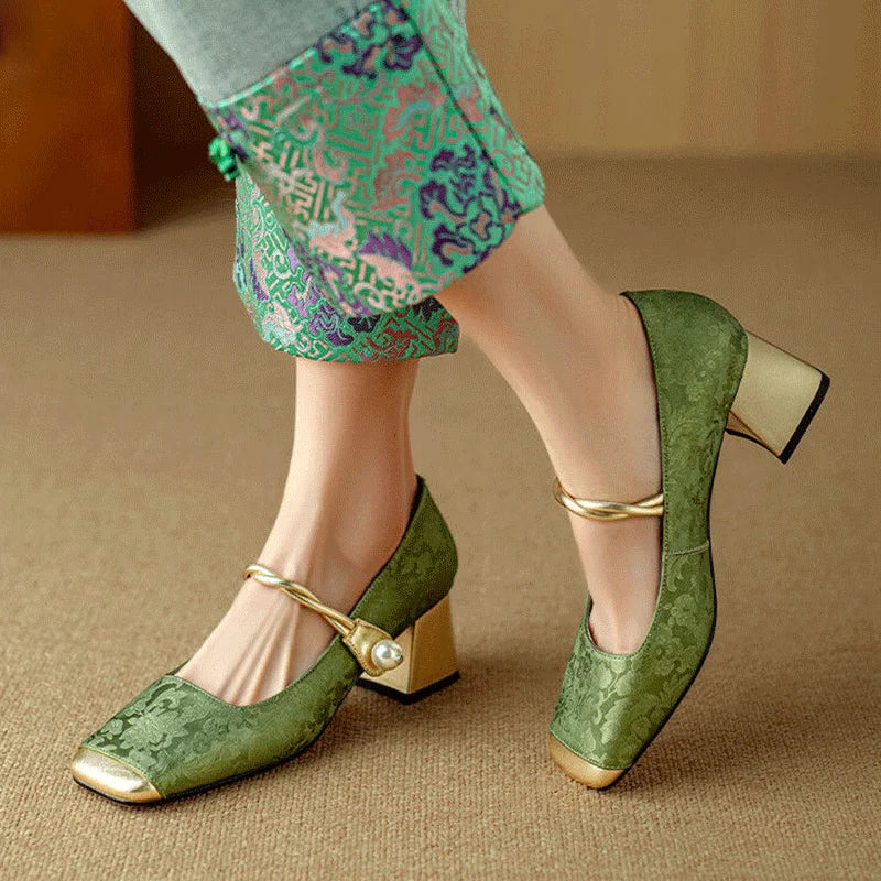 Elegant floral embossed square toe heels for women | Casvian -1