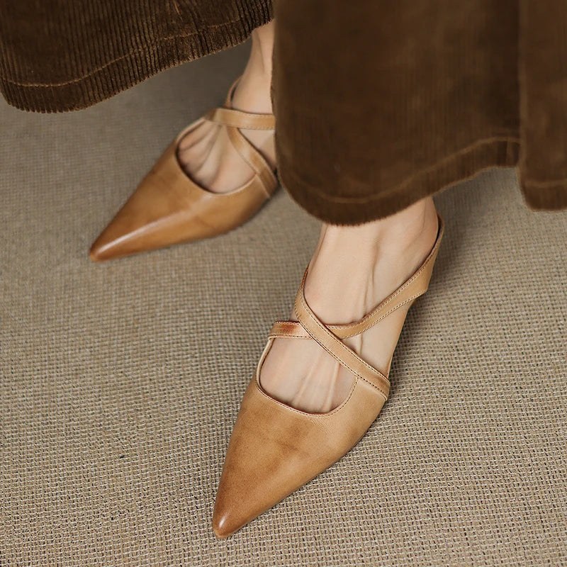 Classic genuine leather slip-on mules for women | Aluna -11