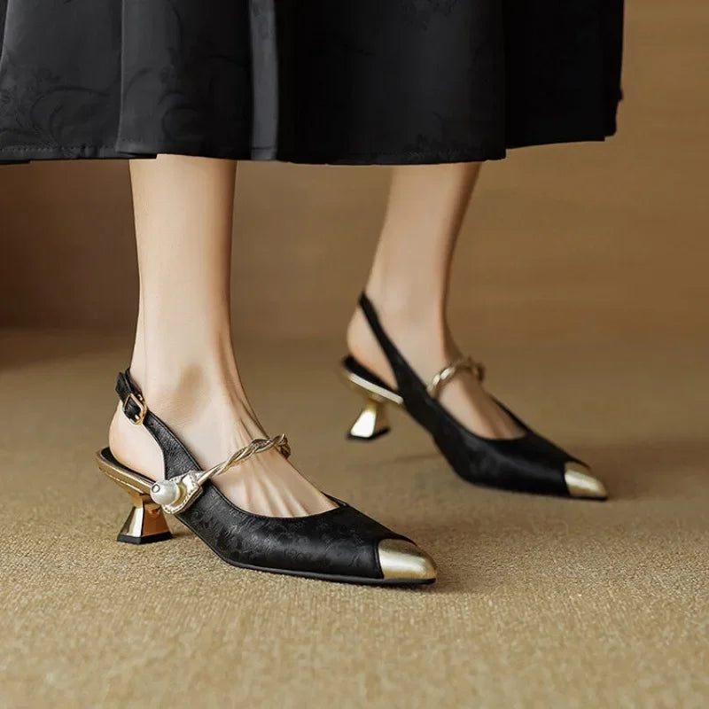 Elegant pearl strap block heel pumps for women | Margot -5