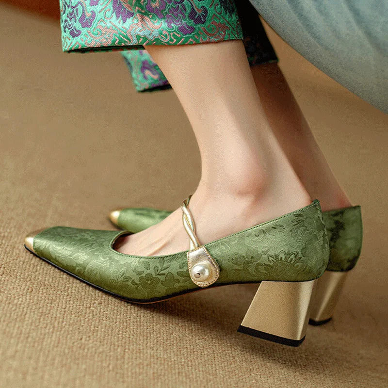 Elegant floral embossed square toe heels for women | Casvian -3