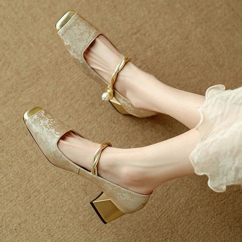 Elegant floral embossed square toe heels for women | Casvian -6