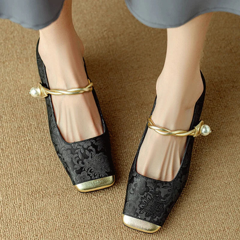 Elegant floral embossed square toe heels for women | Casvian -2