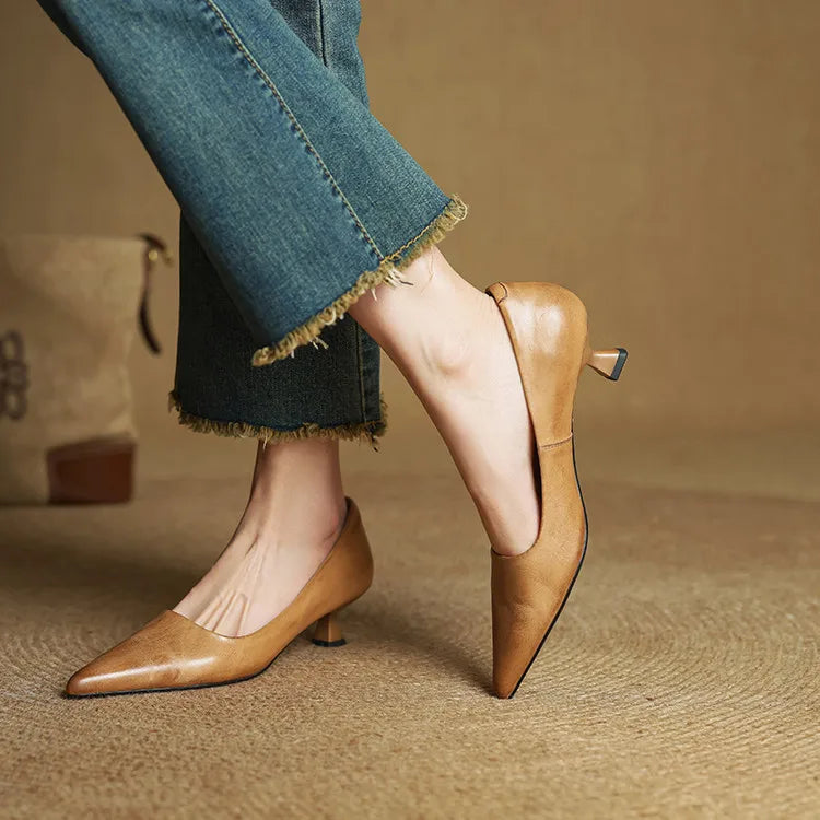 Elegant genuine leather block heels for women | Anok -17