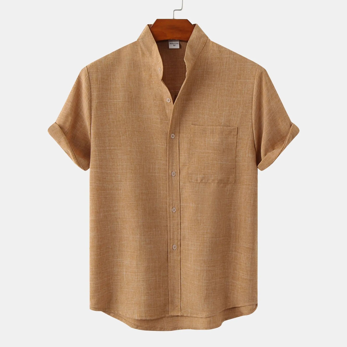 Collarless short-sleeve linen shirt for men | Soren -5