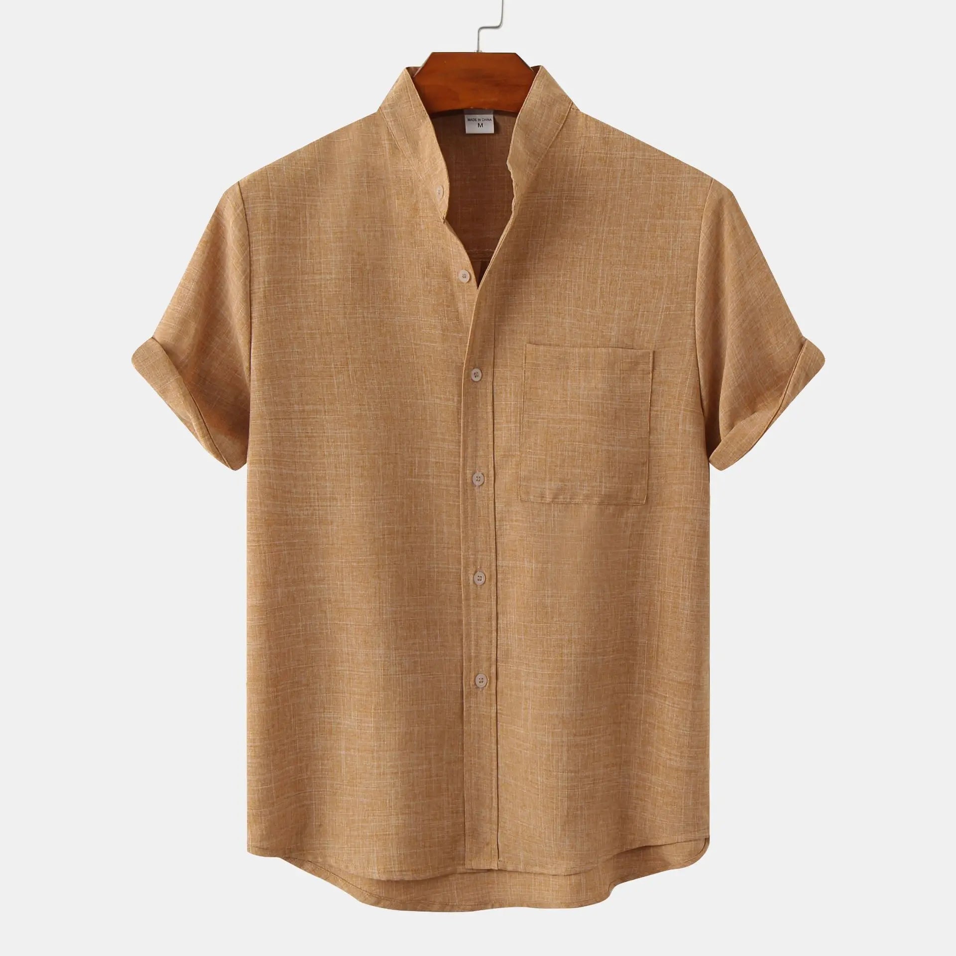 Collarless short-sleeve linen shirt for men | Soren -5