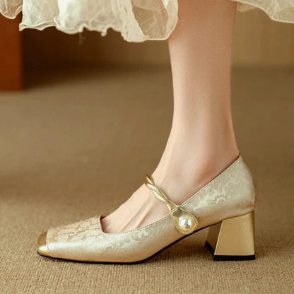 Elegant floral embossed square toe heels for women | Casvian -8