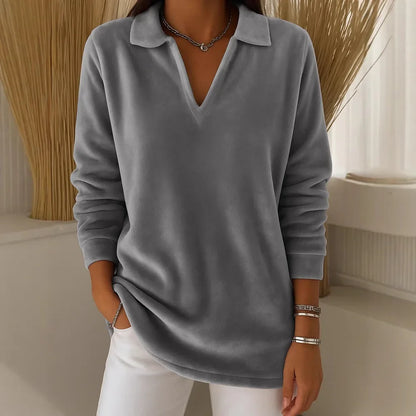 Fleecy Collared V-neck jumper with soft-touch feel for women | Amelia