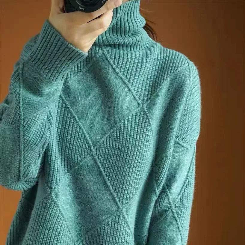 Classic diamond knit high-neck sweater for women | Allegra -2