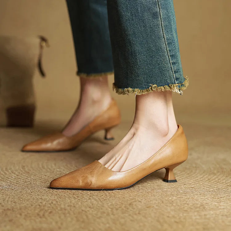 Elegant genuine leather block heels for women | Anok -20