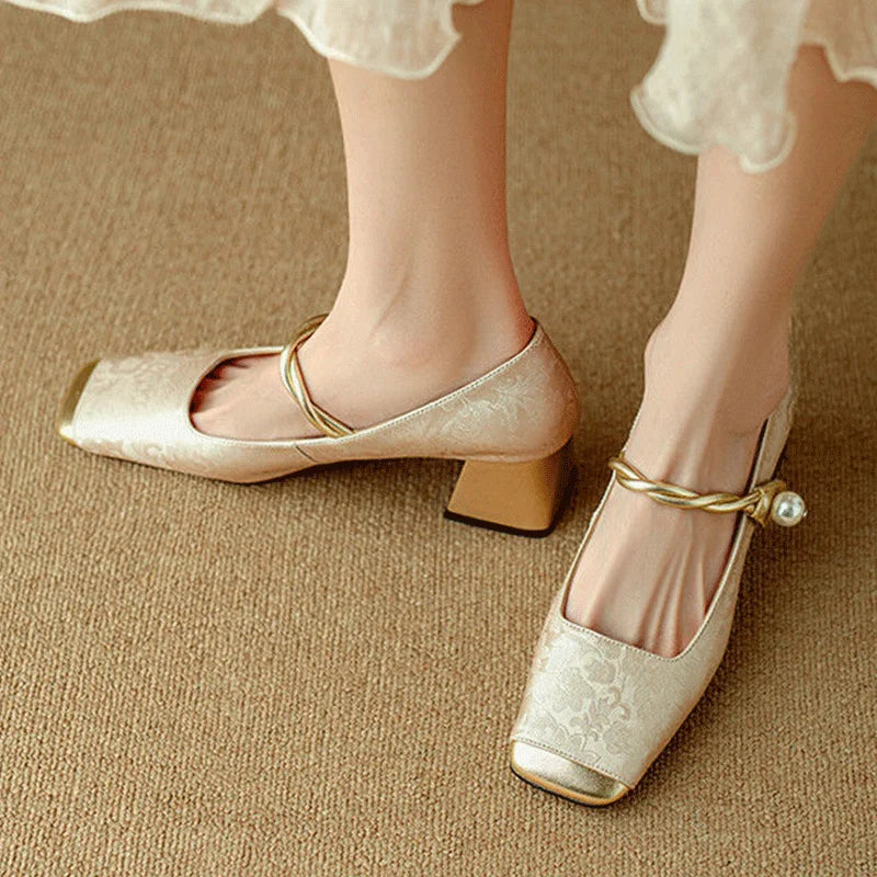 Elegant floral embossed square toe heels for women | Casvian -7