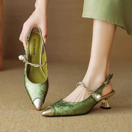 Elegant pearl strap block heel pumps for women | Margot -1