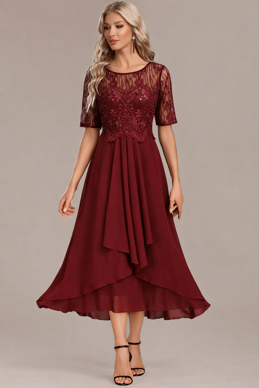 Balanced Navy lace short sleeve midi dress for women | Sophie
