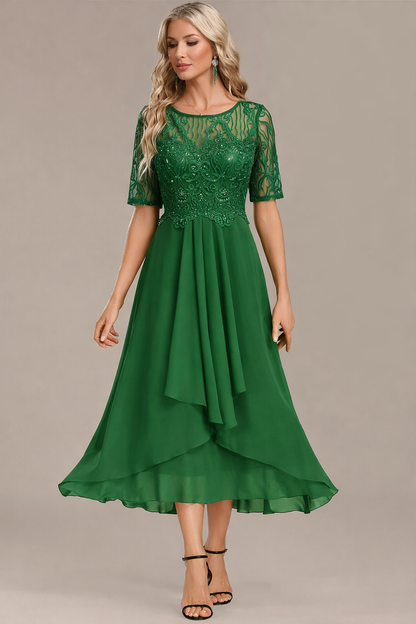 Balanced Navy lace short sleeve midi dress for women | Sophie