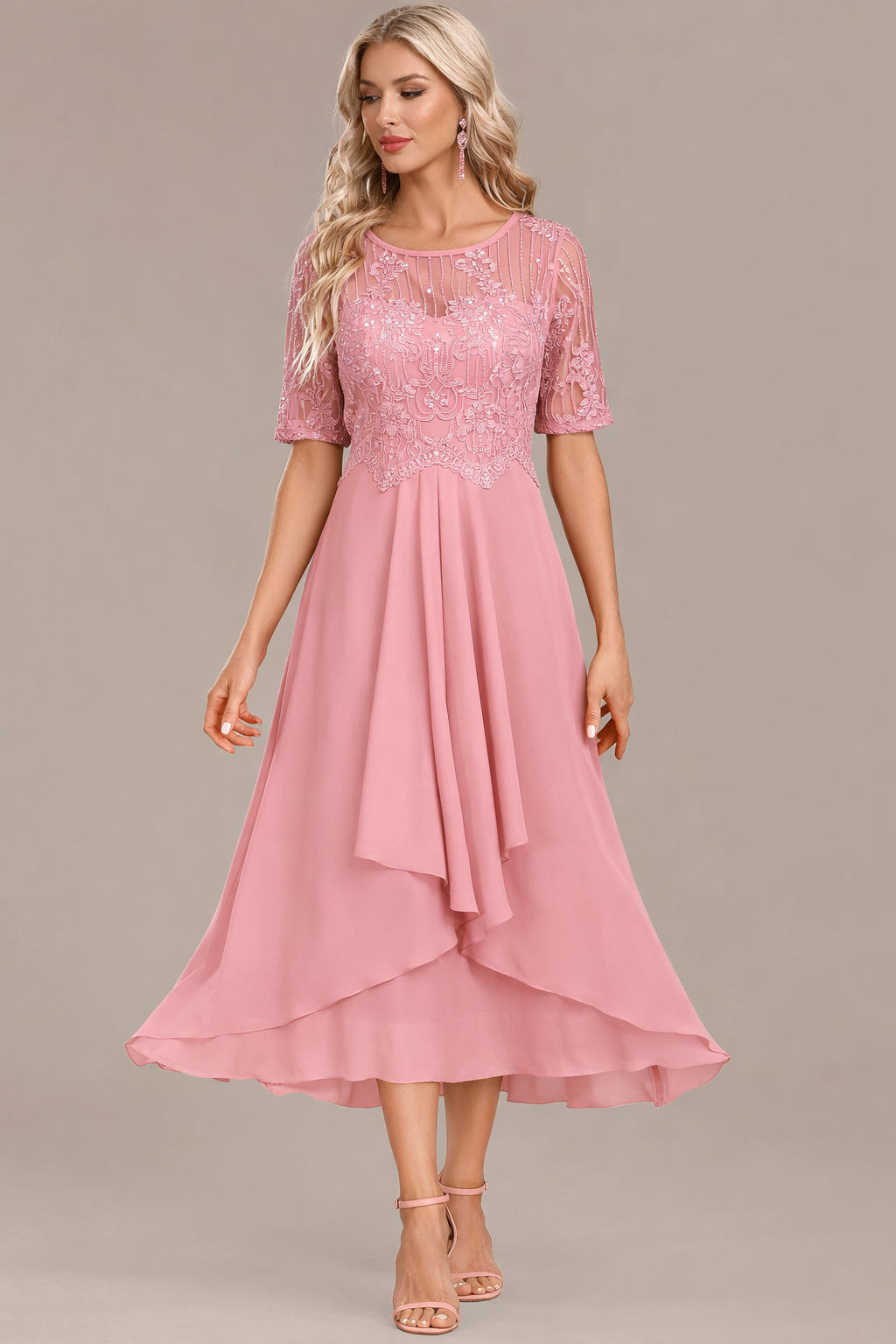 Balanced Navy lace short sleeve midi dress for women | Sophie