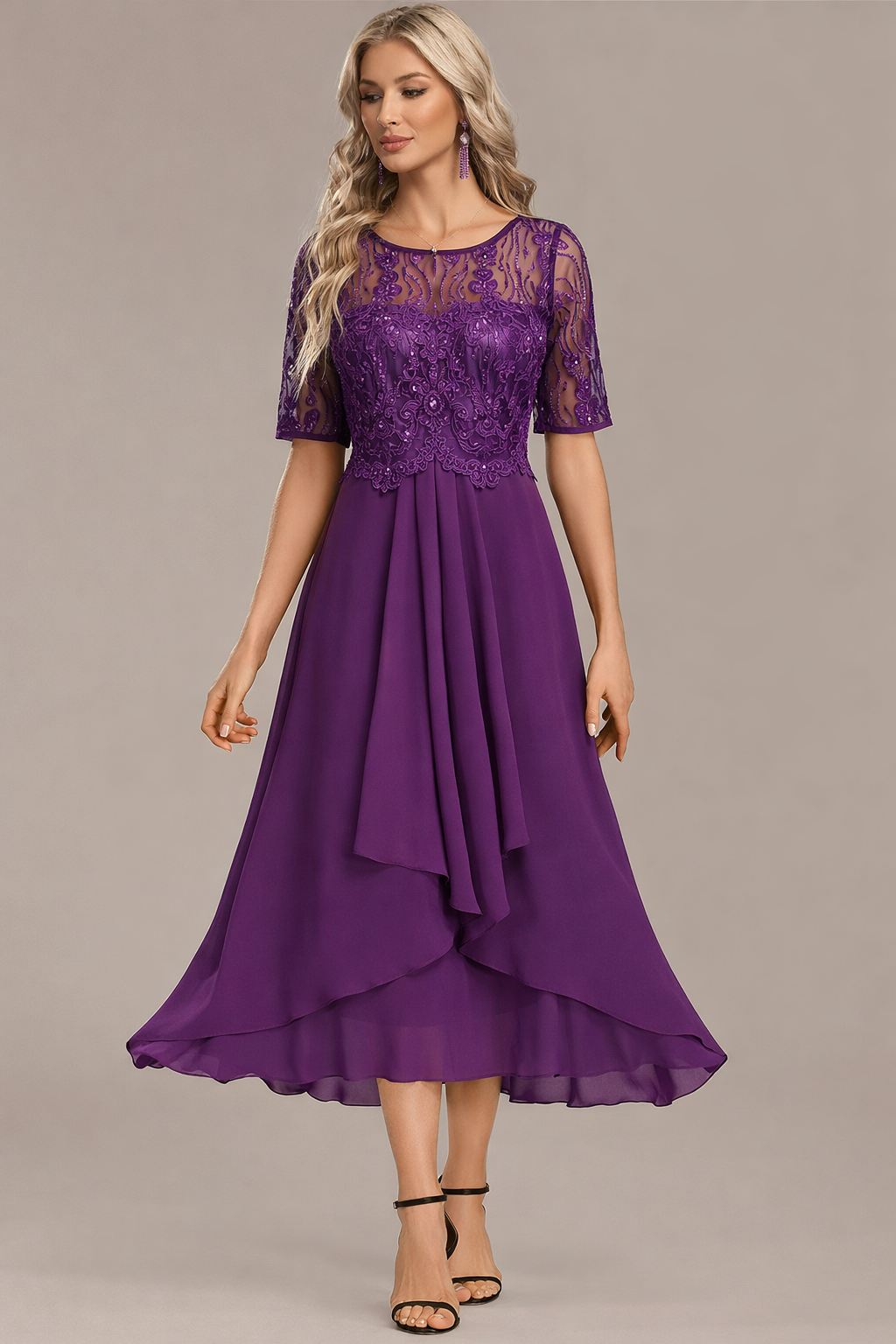 Balanced Navy lace short sleeve midi dress for women | Sophie