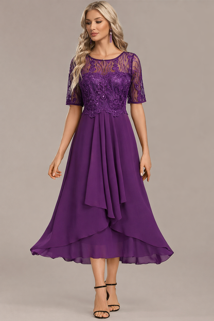 Balanced Navy lace short sleeve midi dress for women | Sophie